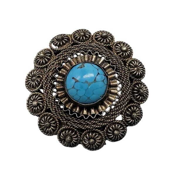 Faux Turquoise Silver Plated Brooch Pendant Blue Glass Filigree Setting Vintage - Picture 16 of 16